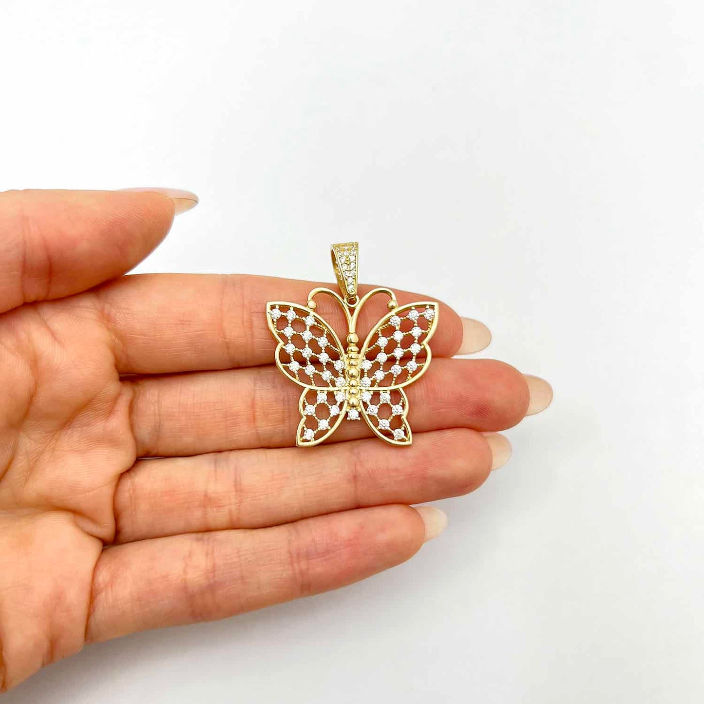 14K Yellow Gold CZ Butterfly Charm Pendant 1.4"