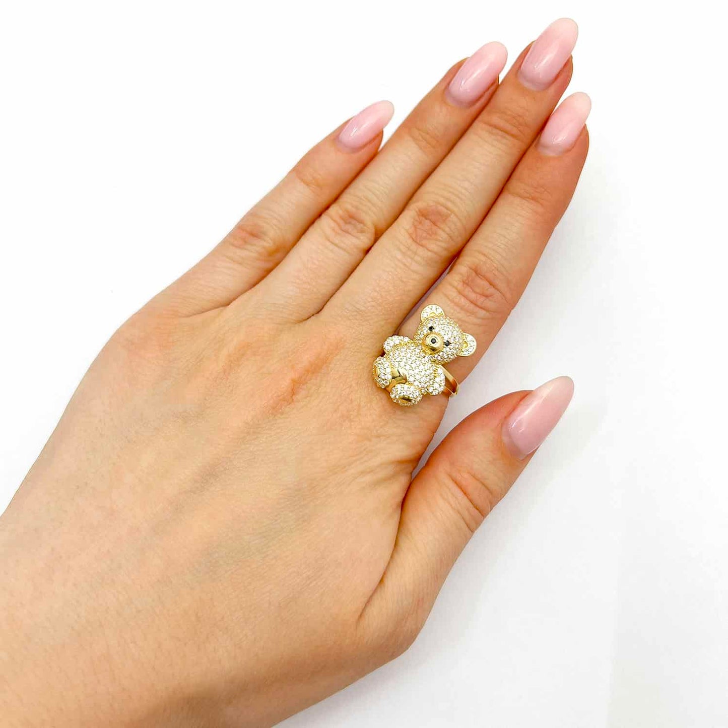14K Gold Yellow CZ Pave Puffed Teddy Bear Ring