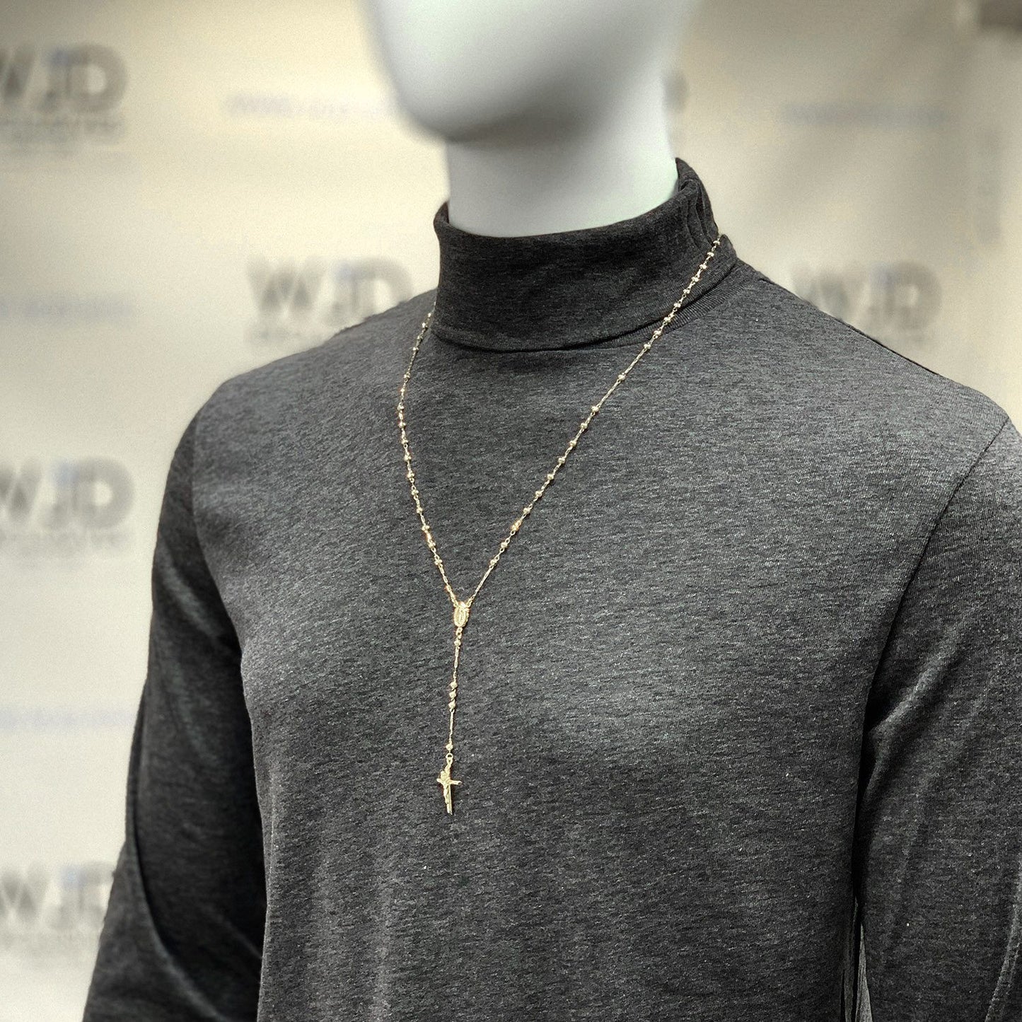 14k Yellow Gold Rosary Cross Moon Cut 3mm Beaded Necklace 26"