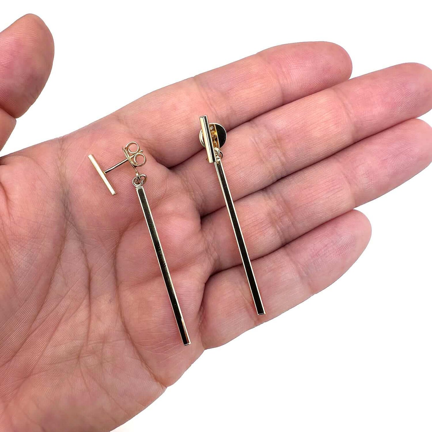 14K Gold Bar Horizontal Post Linear Drop Earrings 55mm