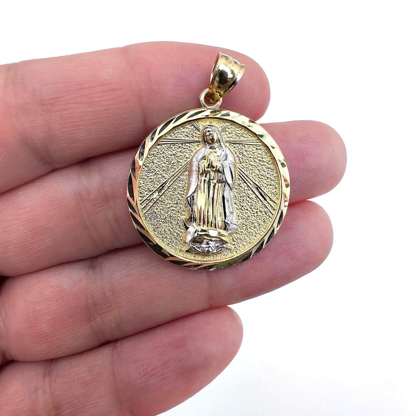 10K Gold Two-Tone Yellow White Virgin Mary Pendant 1.4"