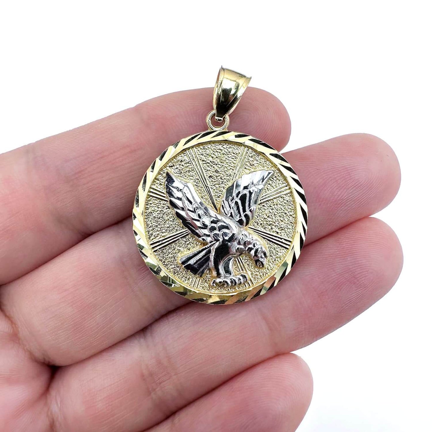 10K Gold Two-Tone Yellow White Textured Eagle Pendant 1.4"