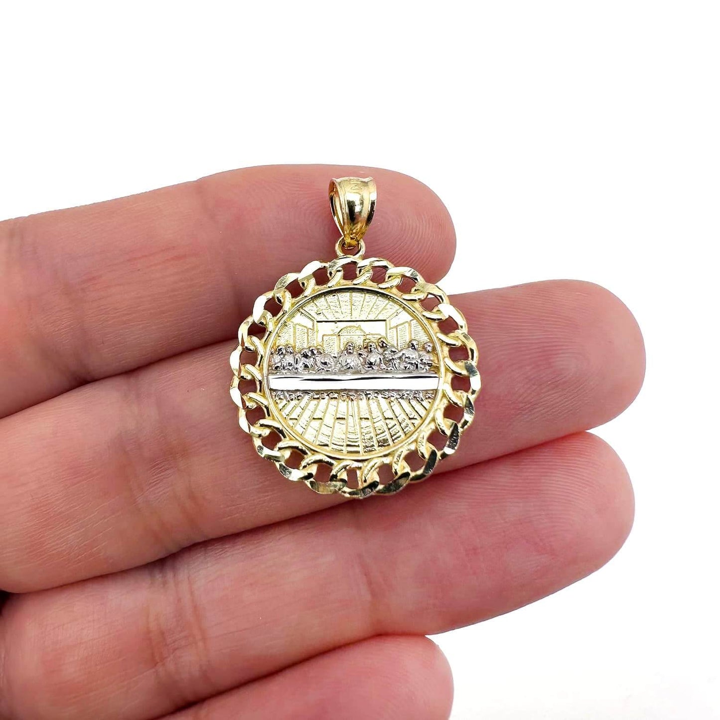 10K Real Gold Yellow White 2-Tone Miami Cuban Textured Last Supper Pendant 1.1"
