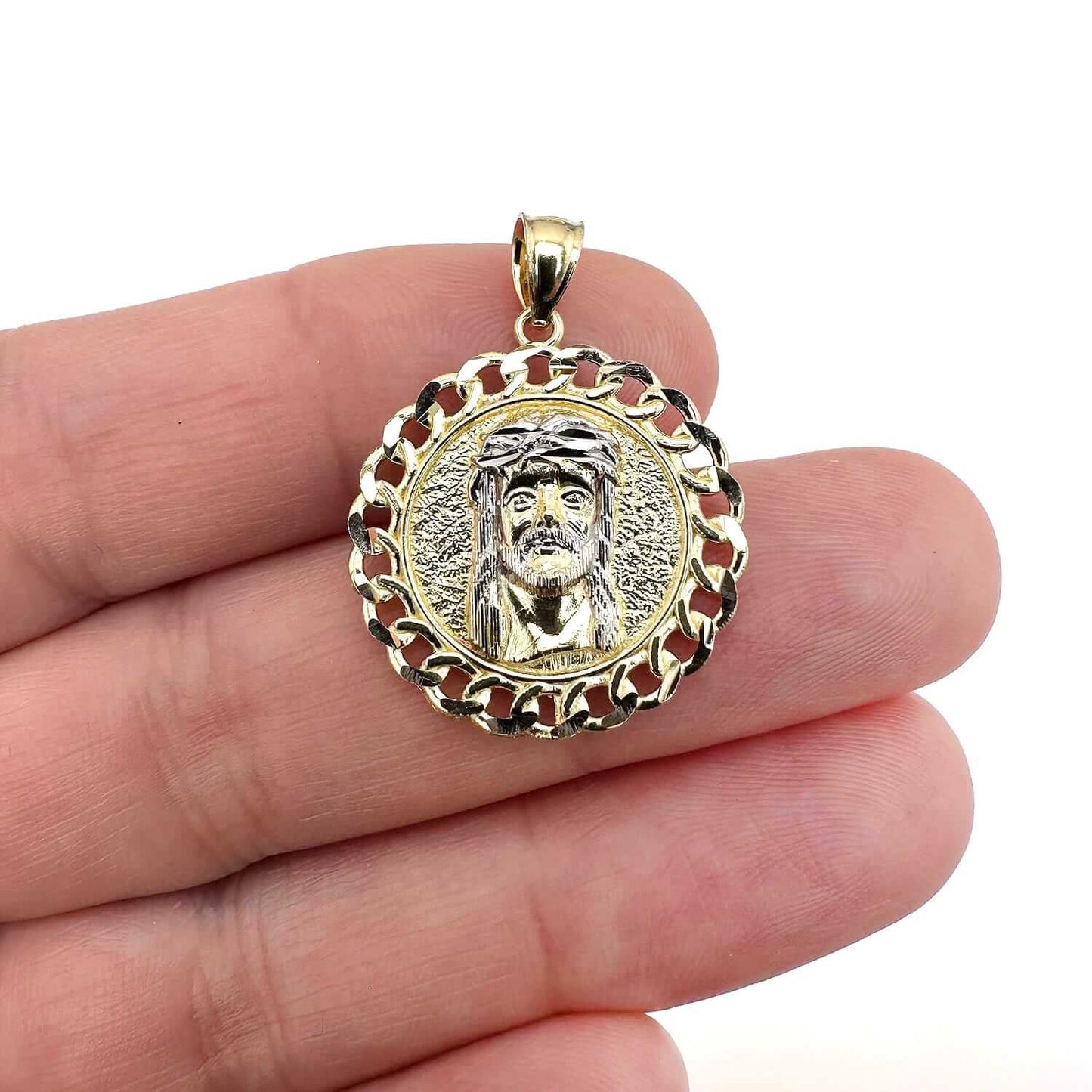 10K Gold Two-Tone Yellow White Textured Miami Cuban Jesus Head Pendant 1.1"