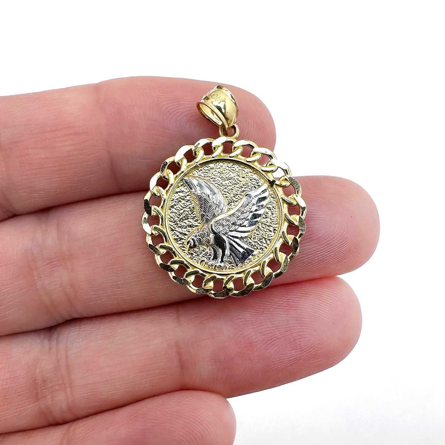 10K Gold Two-Tone Yellow White Miami Cuban Textured Eagle Pendant 1.1"