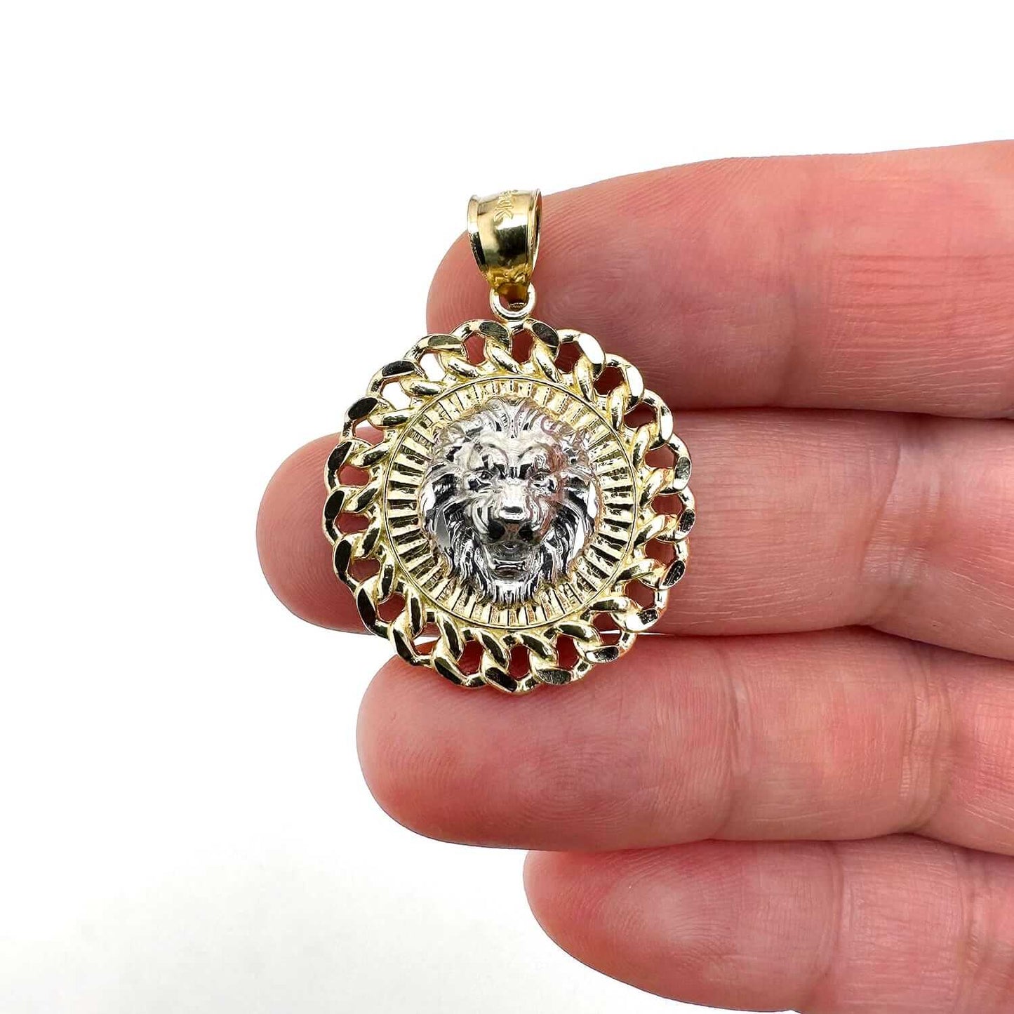 10K Gold Two-Tone Yellow White Textured Lion Head Pendant 1.2"