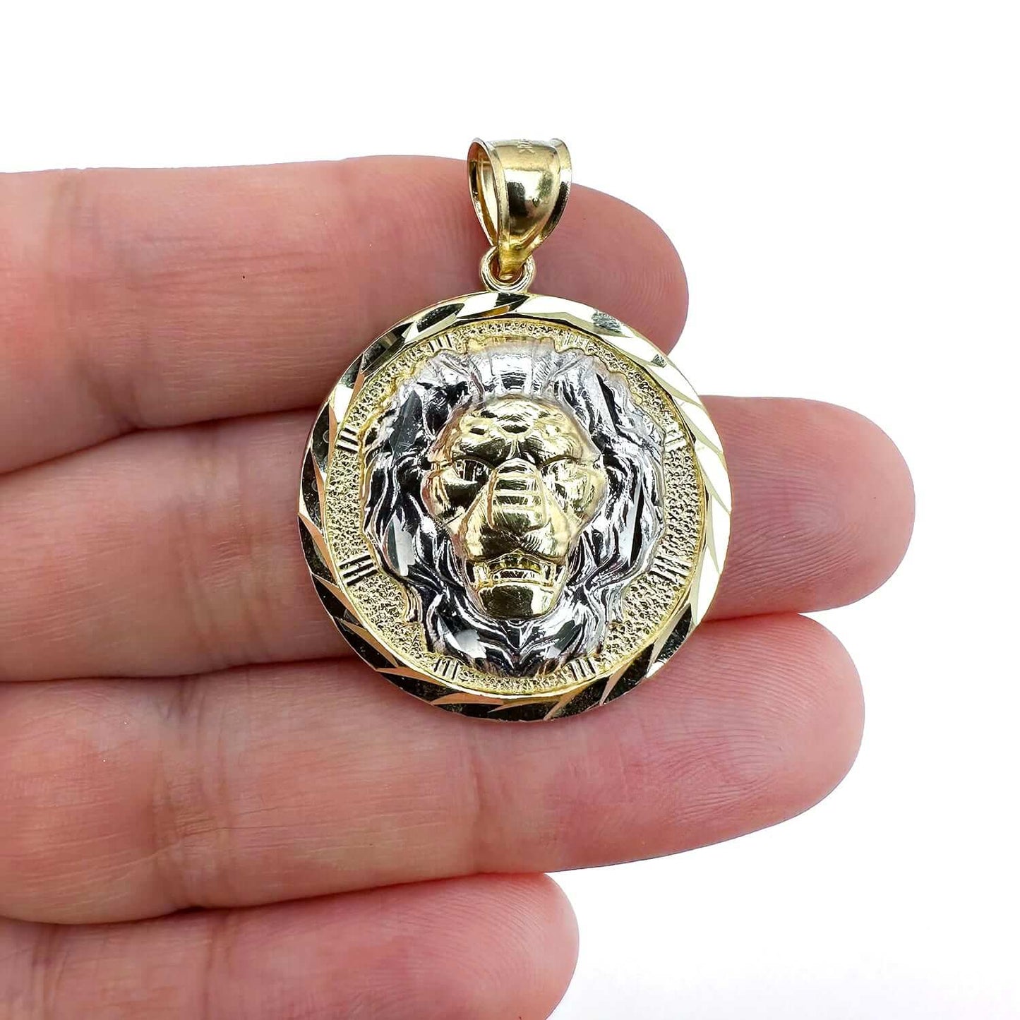 10K Real Gold Two-Tone Yellow White Textured Lion Head Pendant 1.45"
