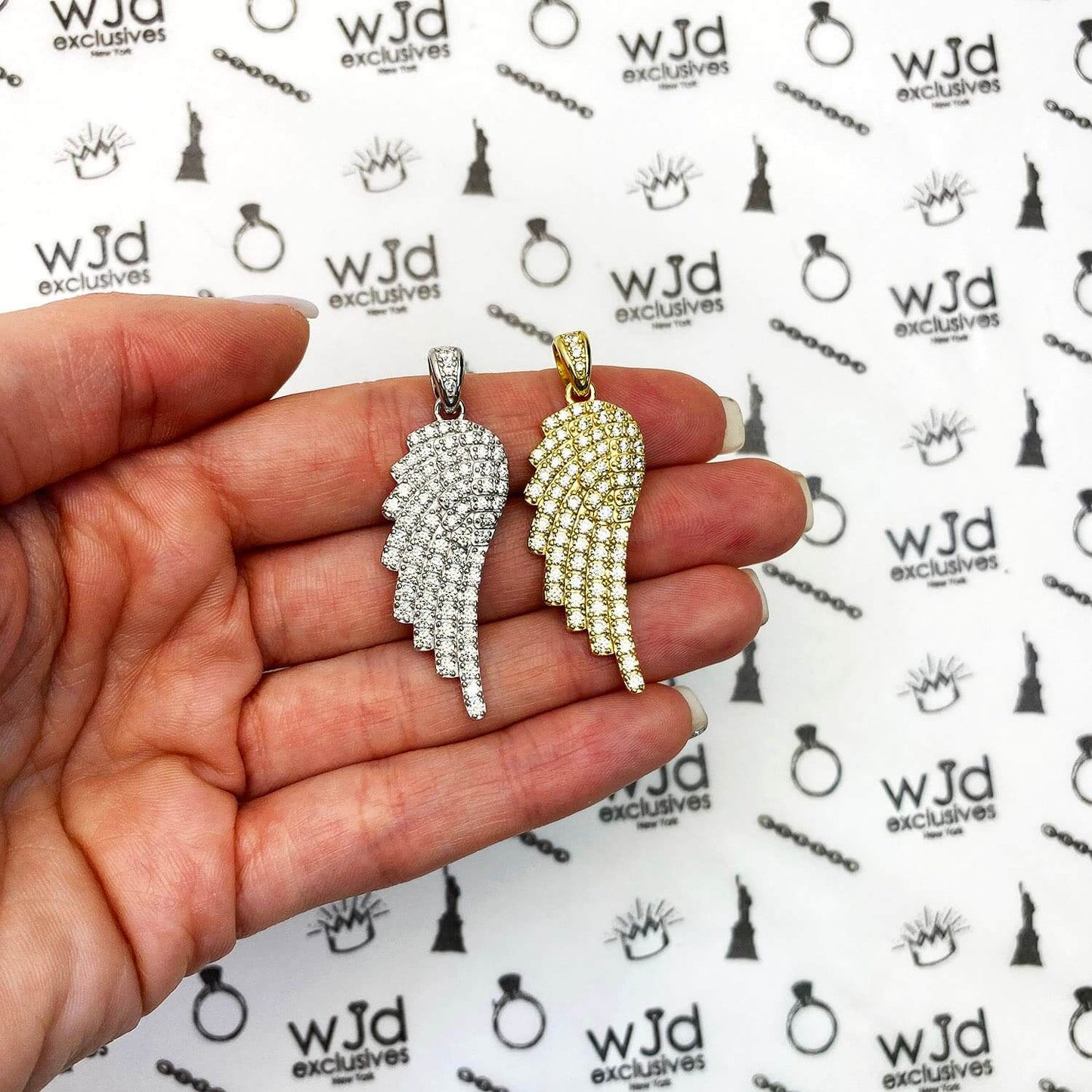 14k Gold Over 925 Silver White Zirconia Pave Angel Wing Pendant 1.77"