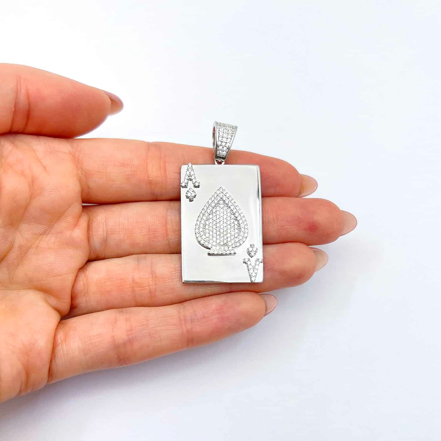 Gold Over Sterling Silver CZ Ace Of Spade Poker Card Pendant 1.7"