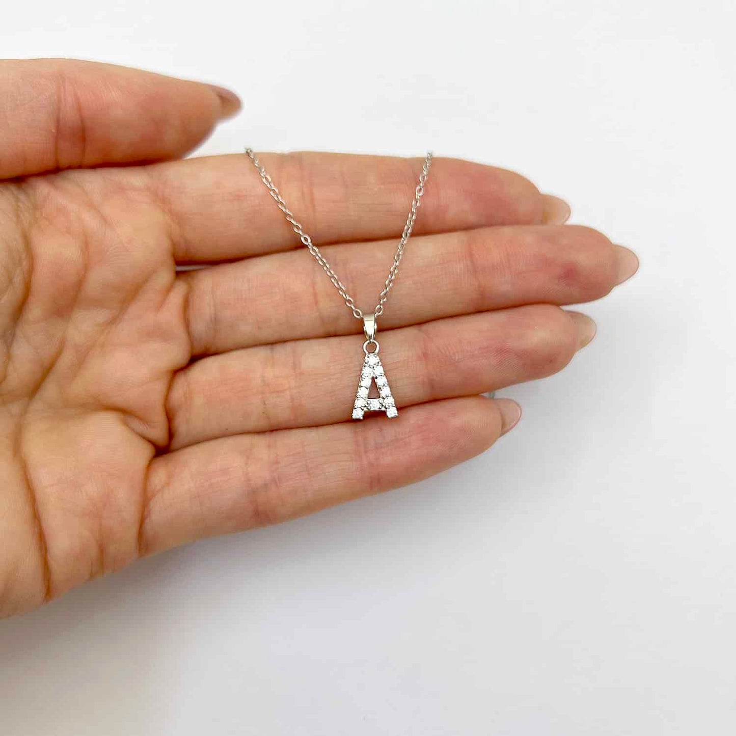 Sterling Silver CZ Initial Pendant Chain Necklace 18"