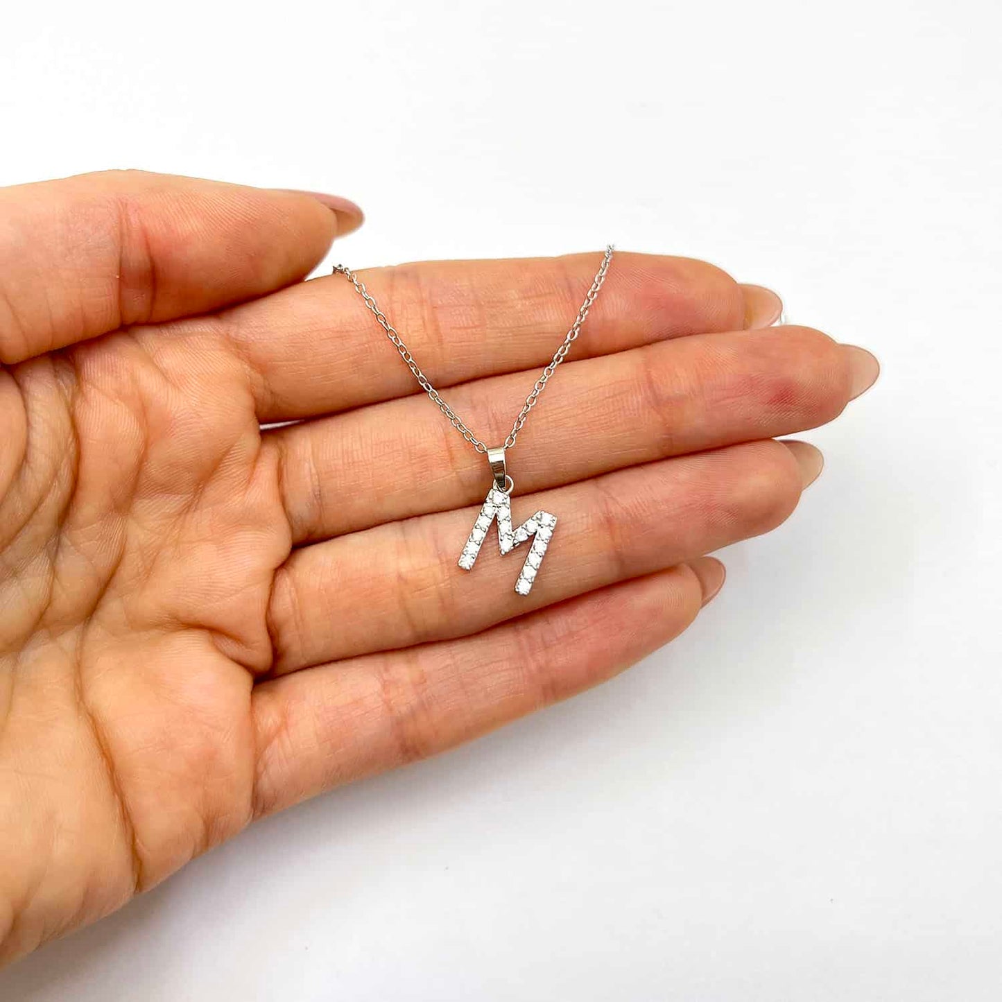 Sterling Silver CZ Initial Pendant Chain Necklace 18"