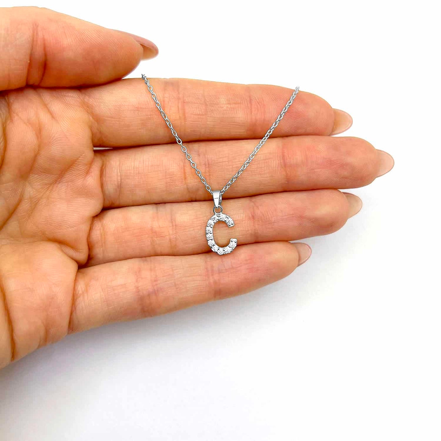 Sterling Silver CZ Initial Pendant Chain Necklace 18"