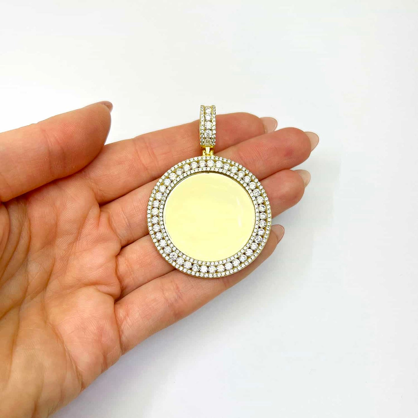 18K Gold Over Silver CZ Frame Round Picture Memory Medallion 2.1"