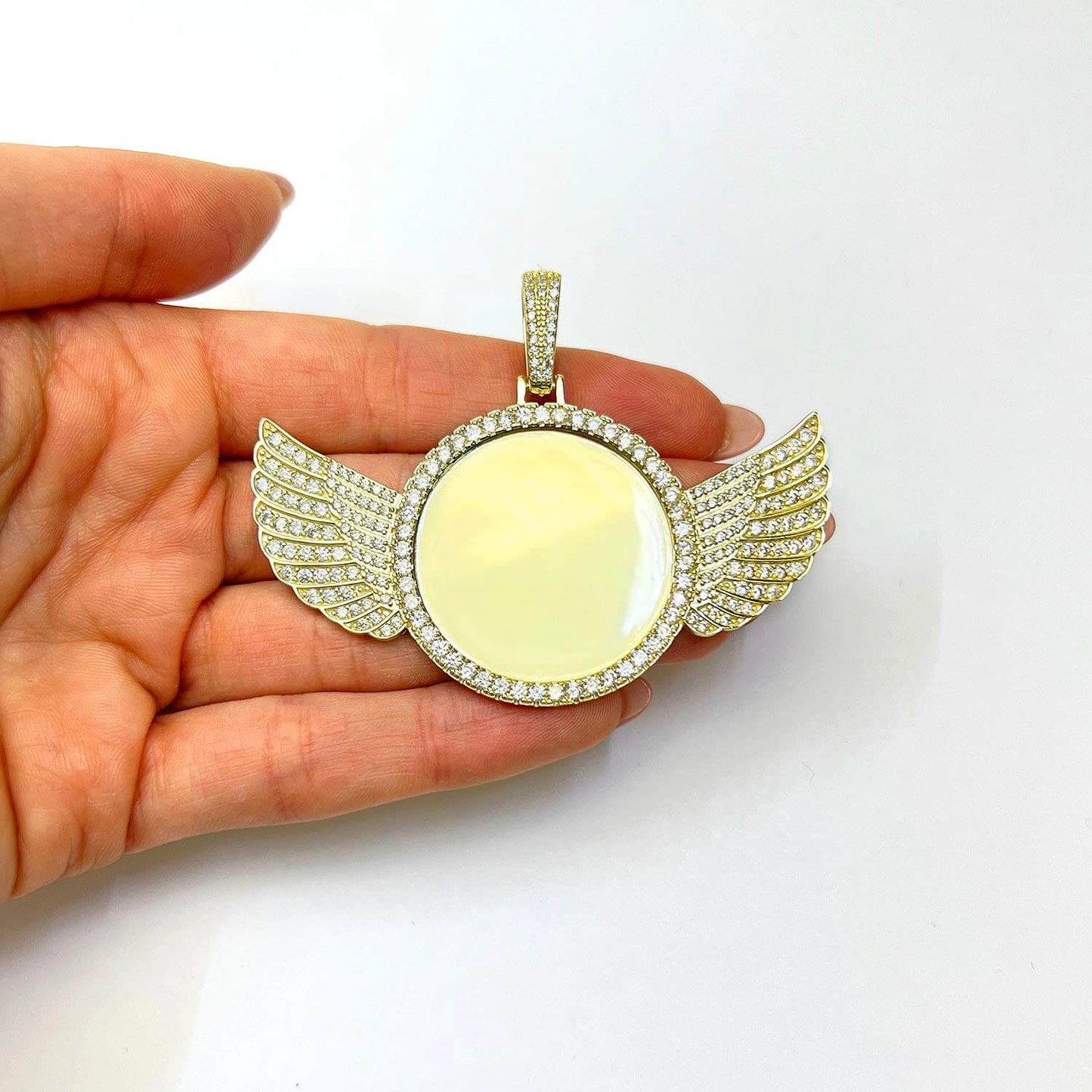 18k Yellow Gold Over Silver CZ Angel Wings Picture Memory Pendant