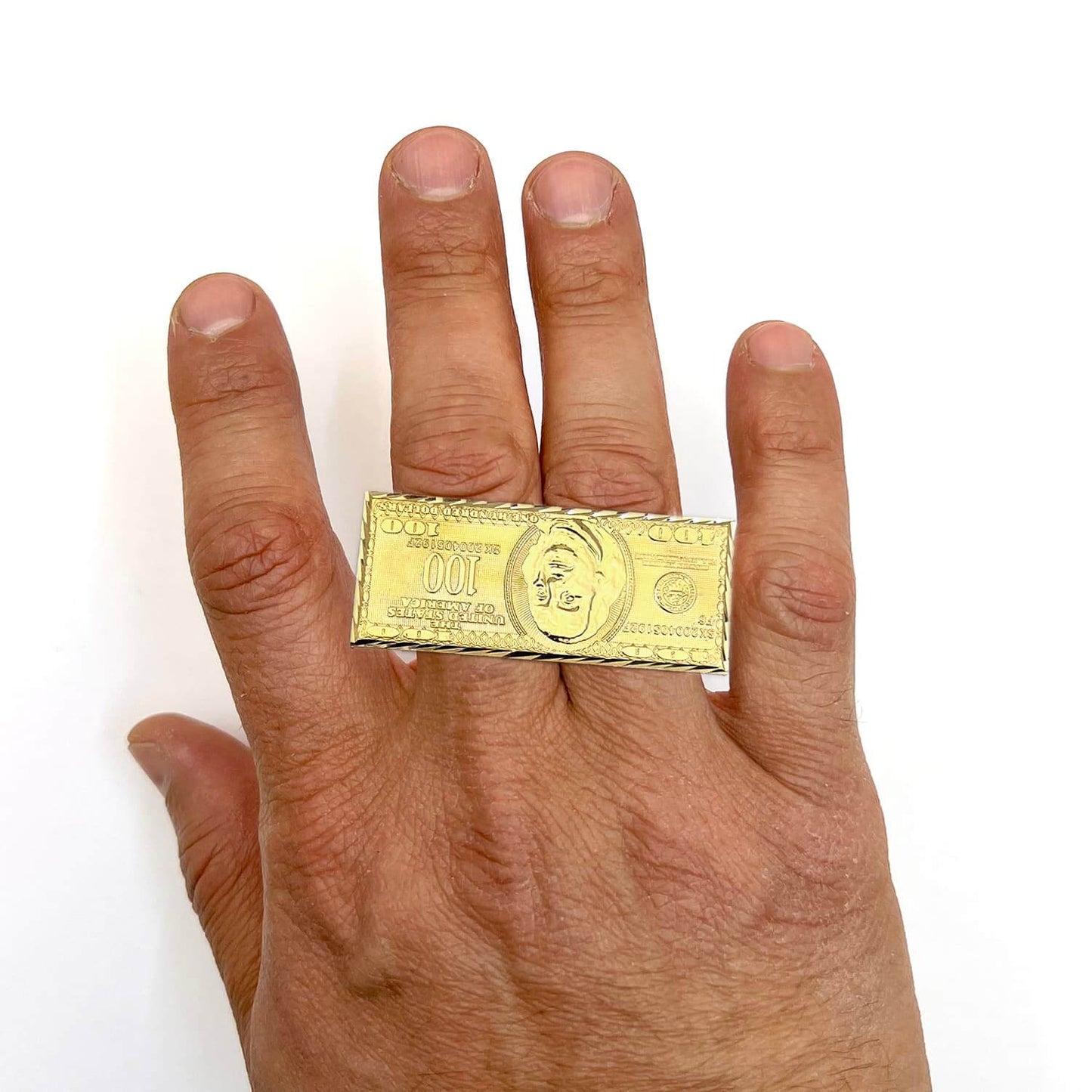 10K Yellow Gold One Hundred 100 Dollar Bill Two-Finger Ring