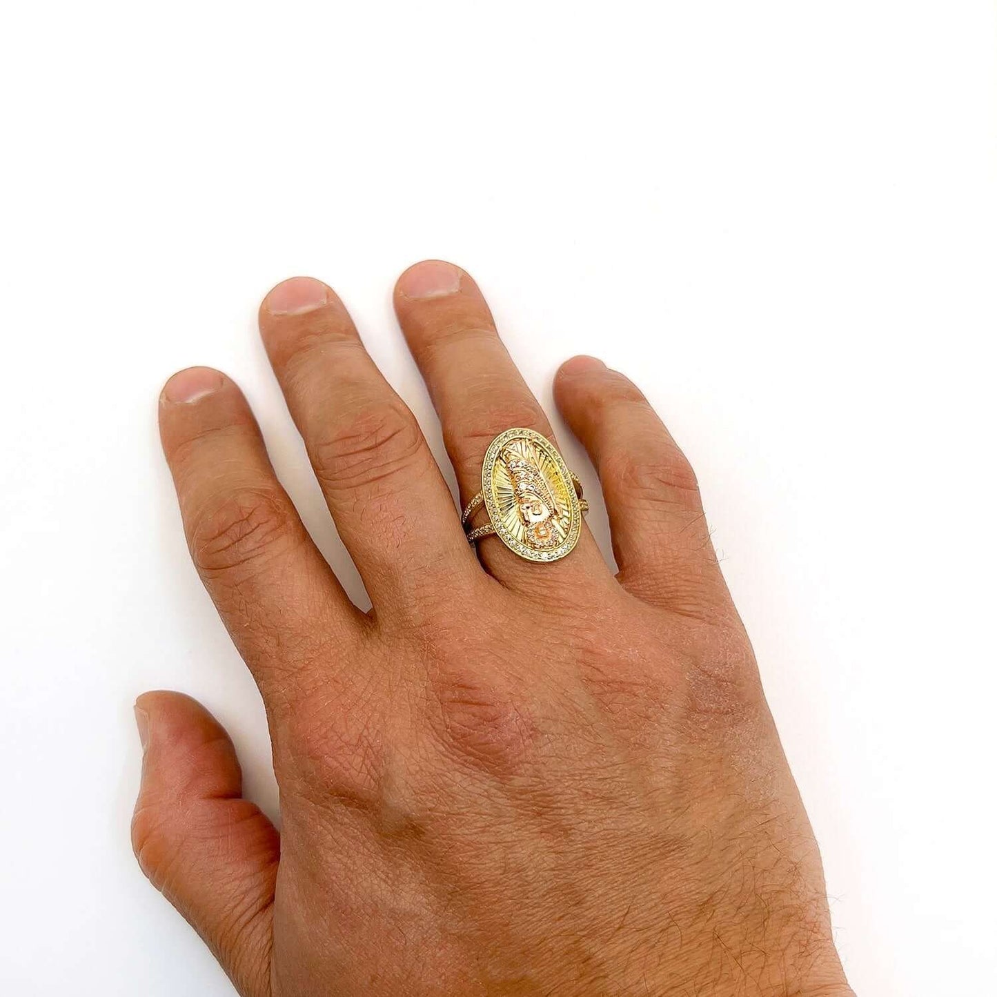 10K Gold Yellow Rose CZ Oval Religious Saint Jude Ring