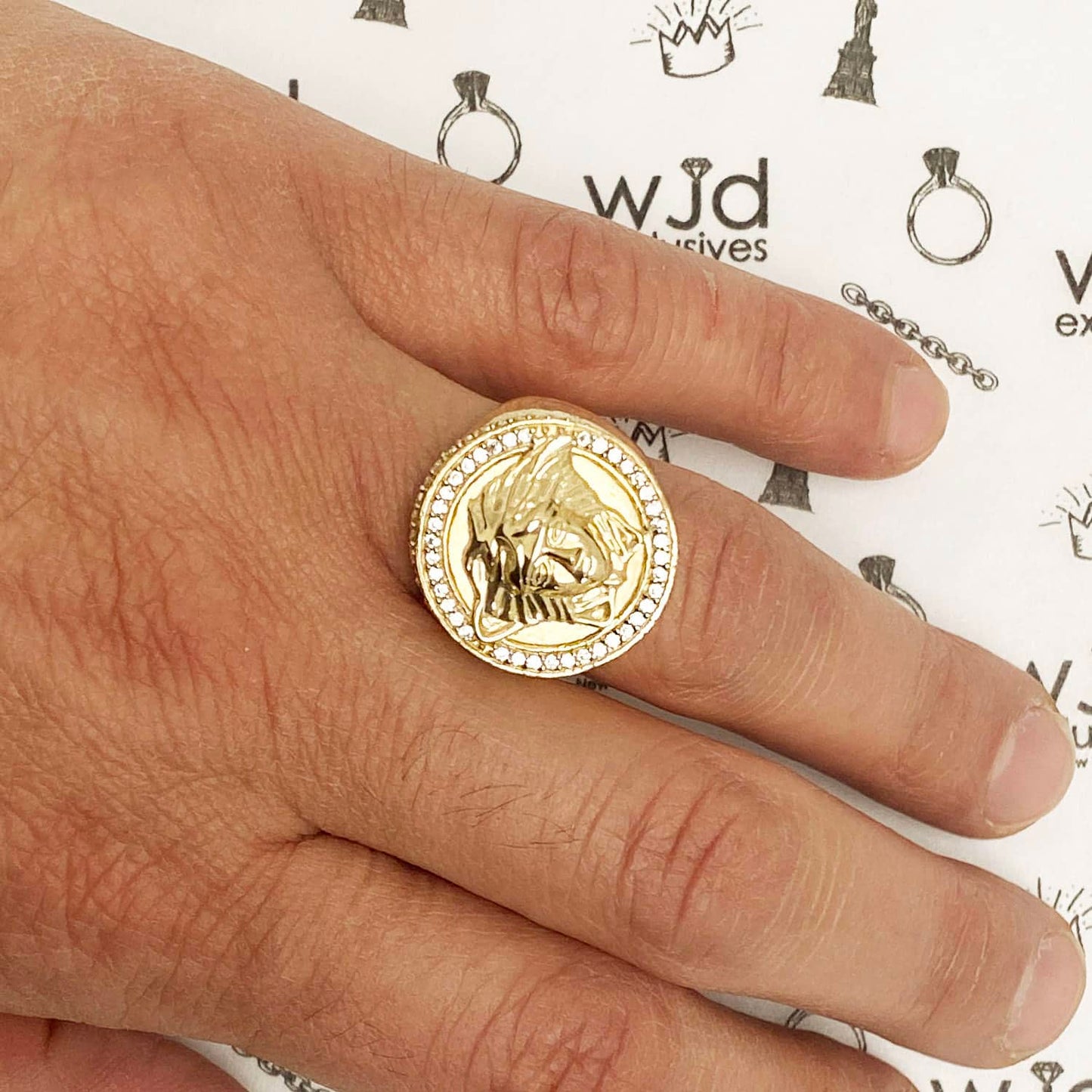 14K Gold Yellow CZ Medusa Head Greek Key Signet Ring