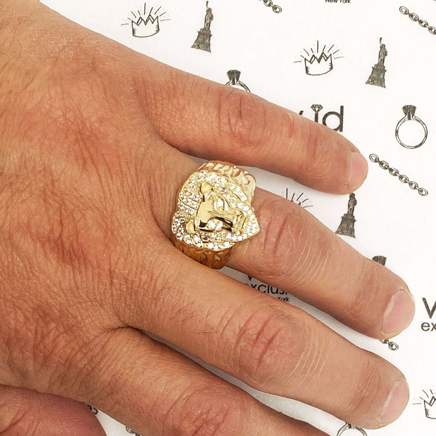 14K Gold Yellow CZ Lion Face Signet Mens Ring
