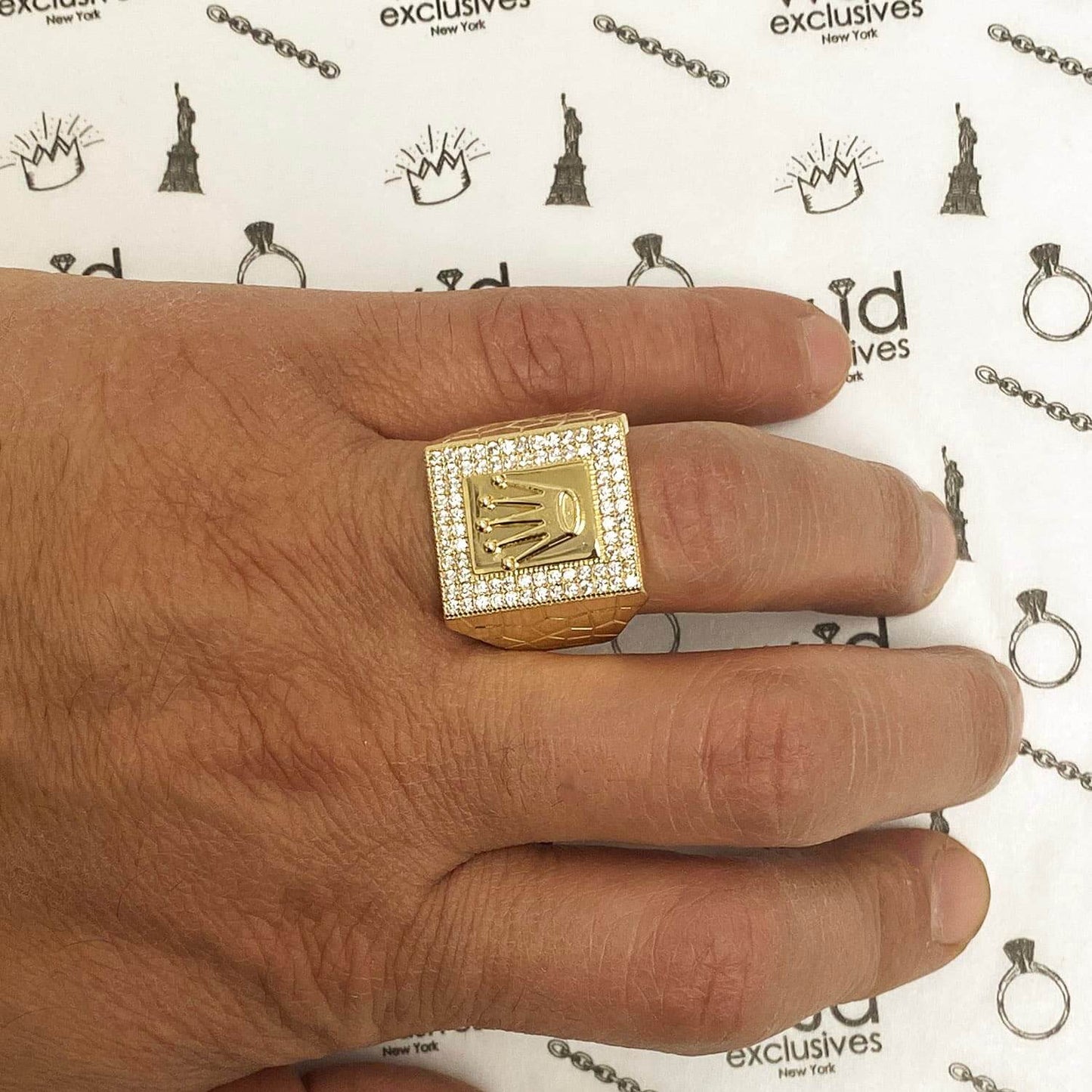 14K Yellow Gold CZ Pave Crown Signet Ring