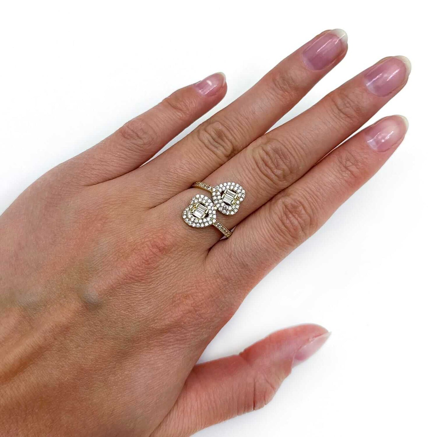 14K Gold Yellow 1.10CTW CZ Dual Heart Band Split Cocktail Ring
