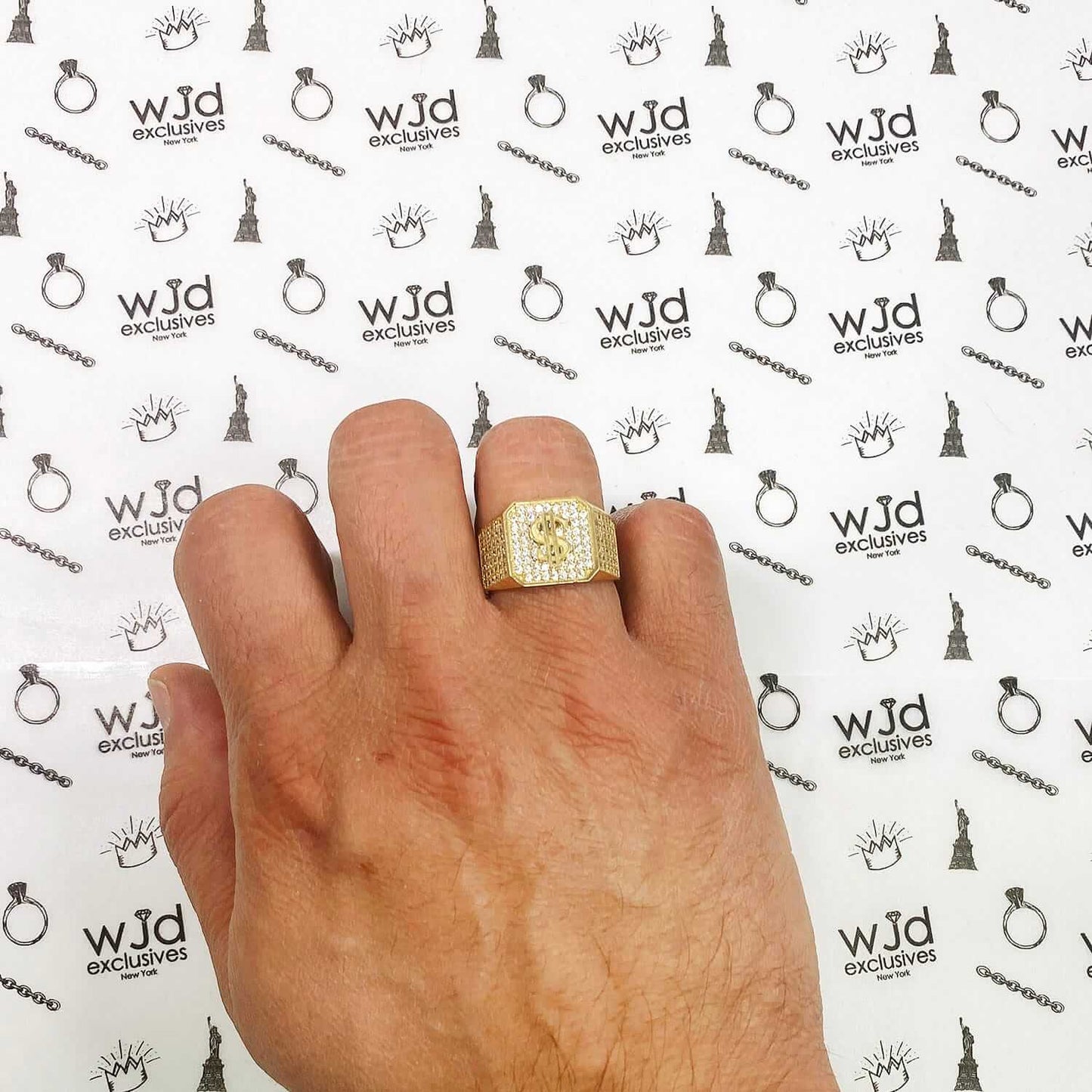 10K Gold Yellow CZ Pave Dollar Sign Signet Mens Ring