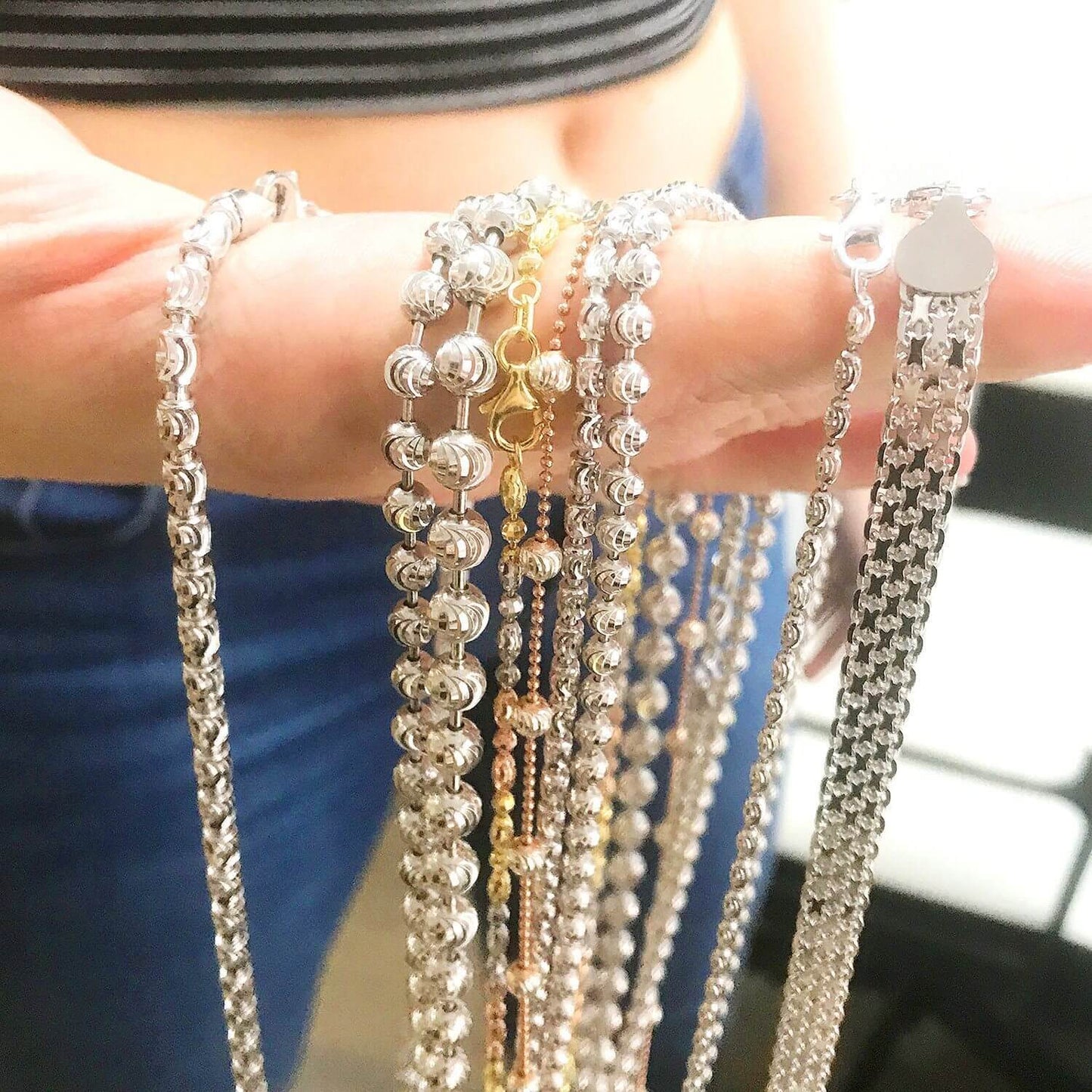 Sterling Silver 2mm-4mm White Half Moon-Cut Oval Barrel Beaded Chain (Solid Links) 18"-26"