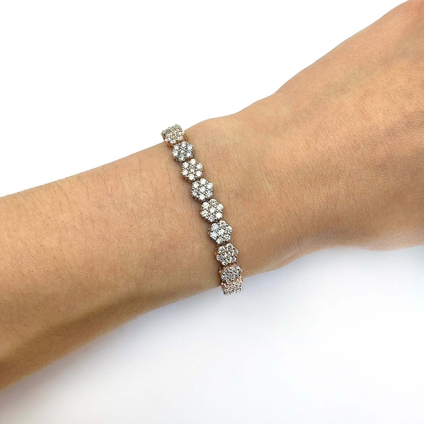 7CTW Lab-Grown Diamond 14K Rose Gold White Flower Cluster Tennis Bracelet 7"