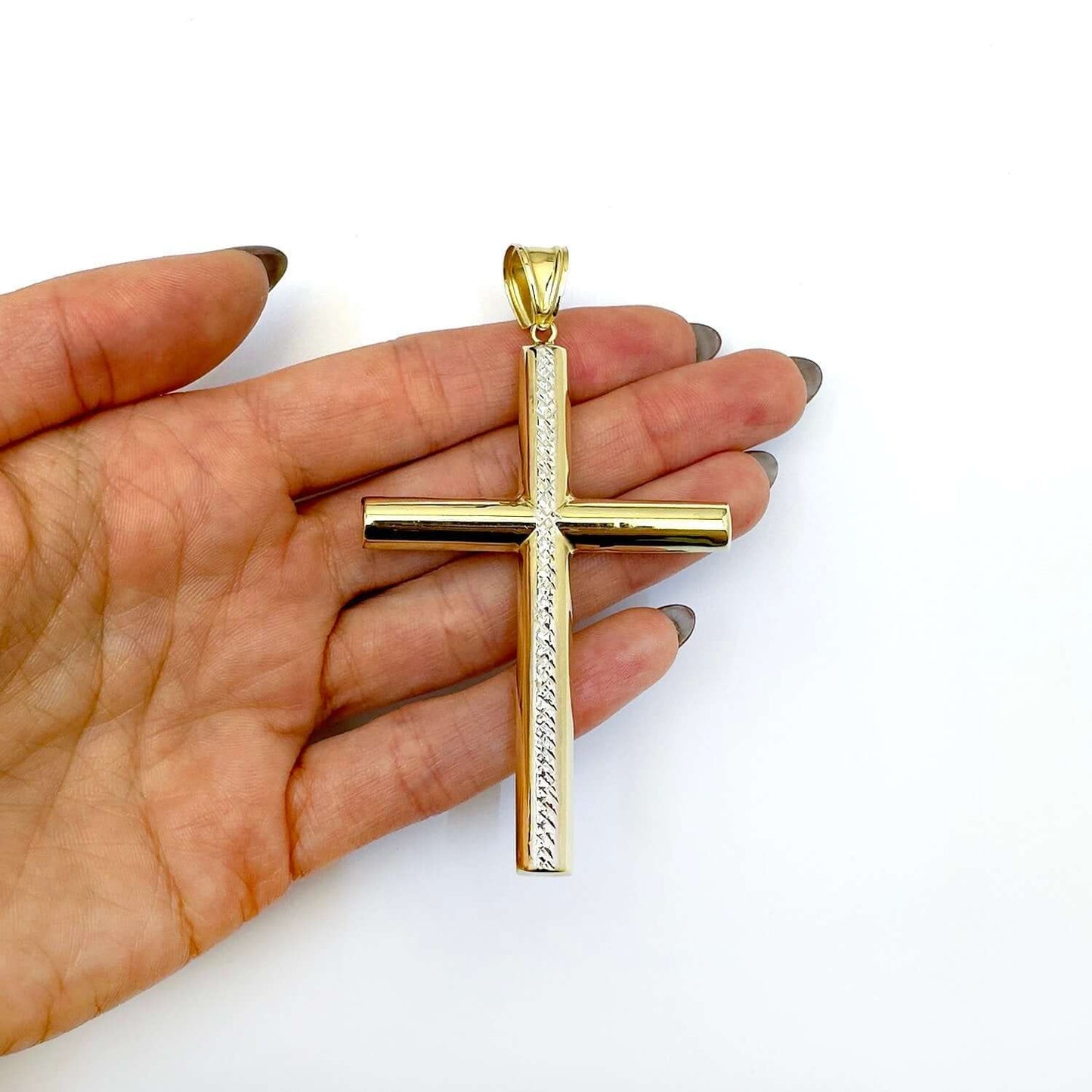 14K Real Gold Yellow White Diamond-Cut Stripe Cross Pendant 3.2"