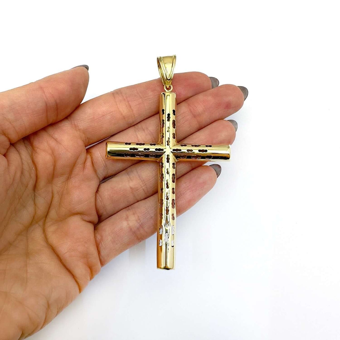 14K Real Gold Cut-Through Ornaments Cross Pendant 3.2"