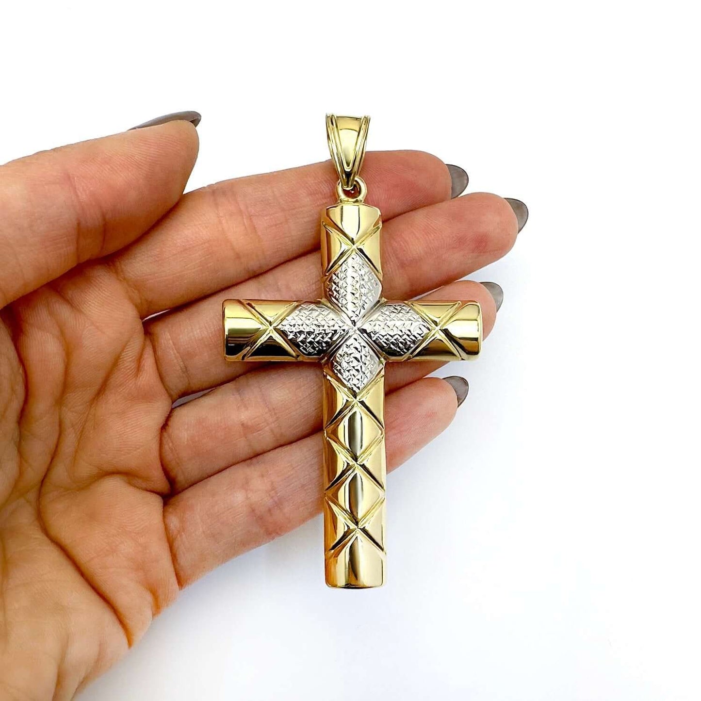 14K Real Gold White Diamond-Cut Cross Pendant 3.1"