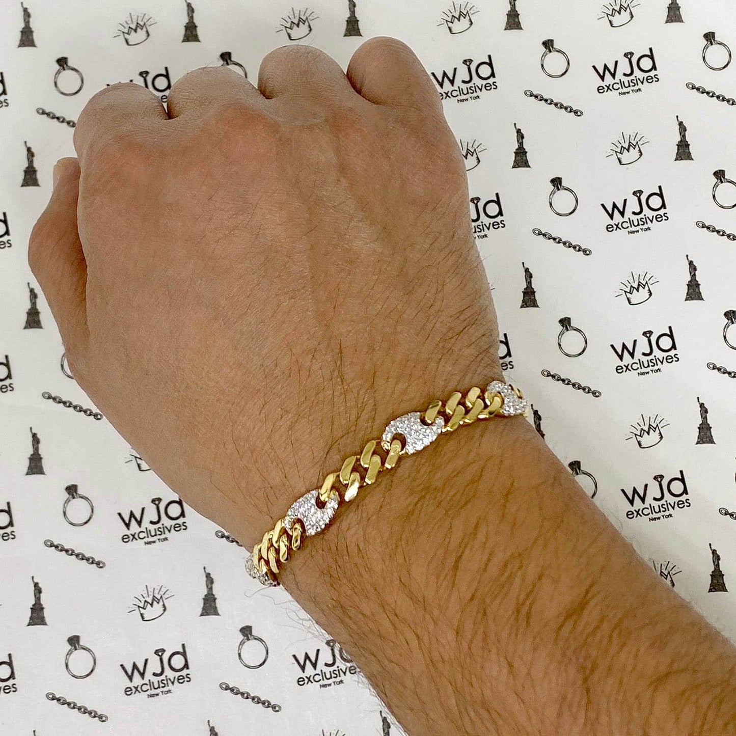 14K Gold Yellow Miami CZ 8mm Pave Mariner Station Bracelet 8"