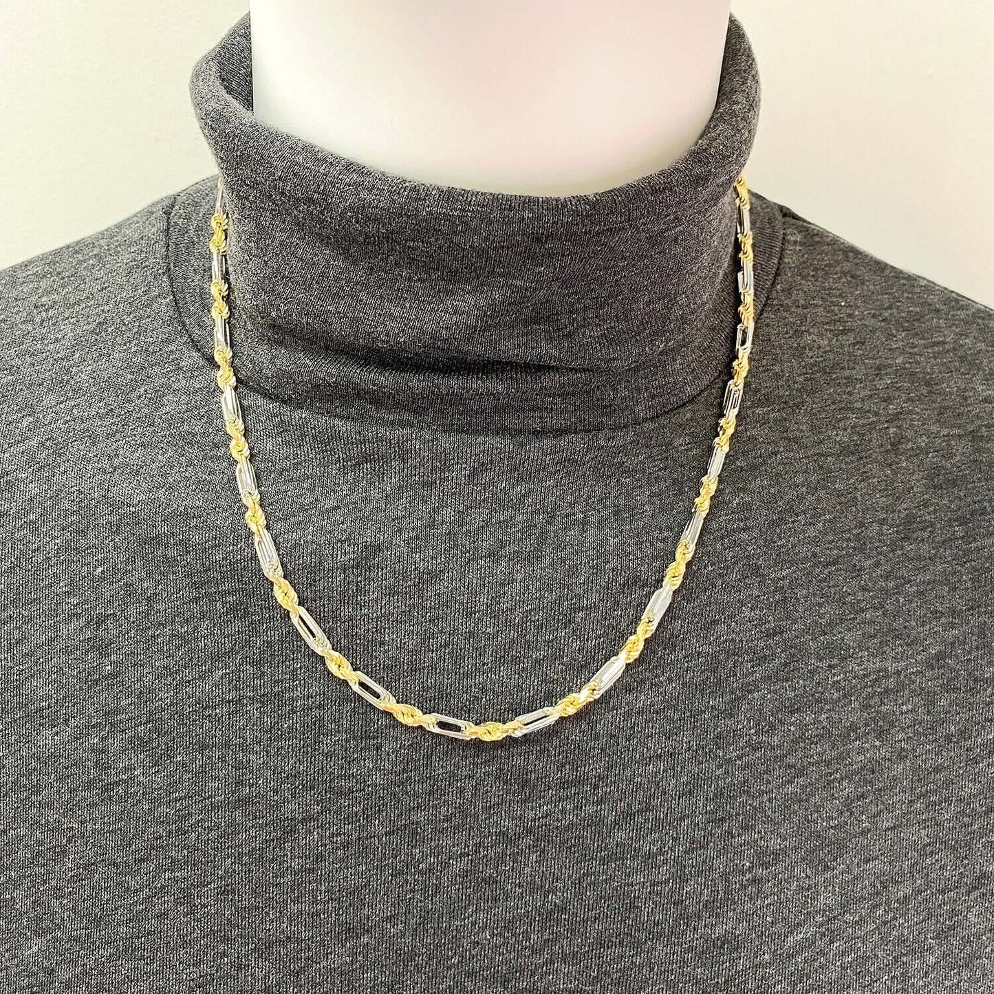 Solid 14K Two-Tone Gold 4mm Milano Figaro Rope Chain Necklace 20"-26"