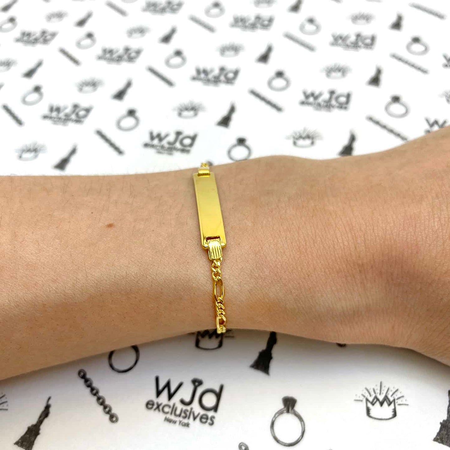 Kid's Solid 14K Yellow White Gold Over Sterling Silver Figaro ID Bar Bracelet 6"