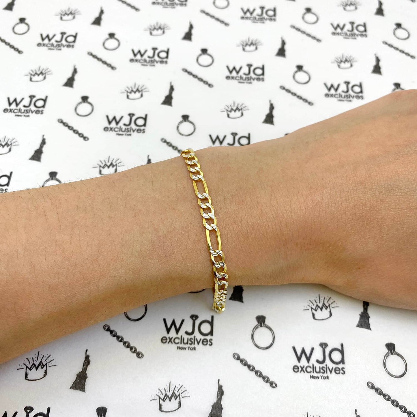 Solid 18K Gold Over Silver 4mm Diamond-Cut Pave Figaro Bracelet 7"-9"