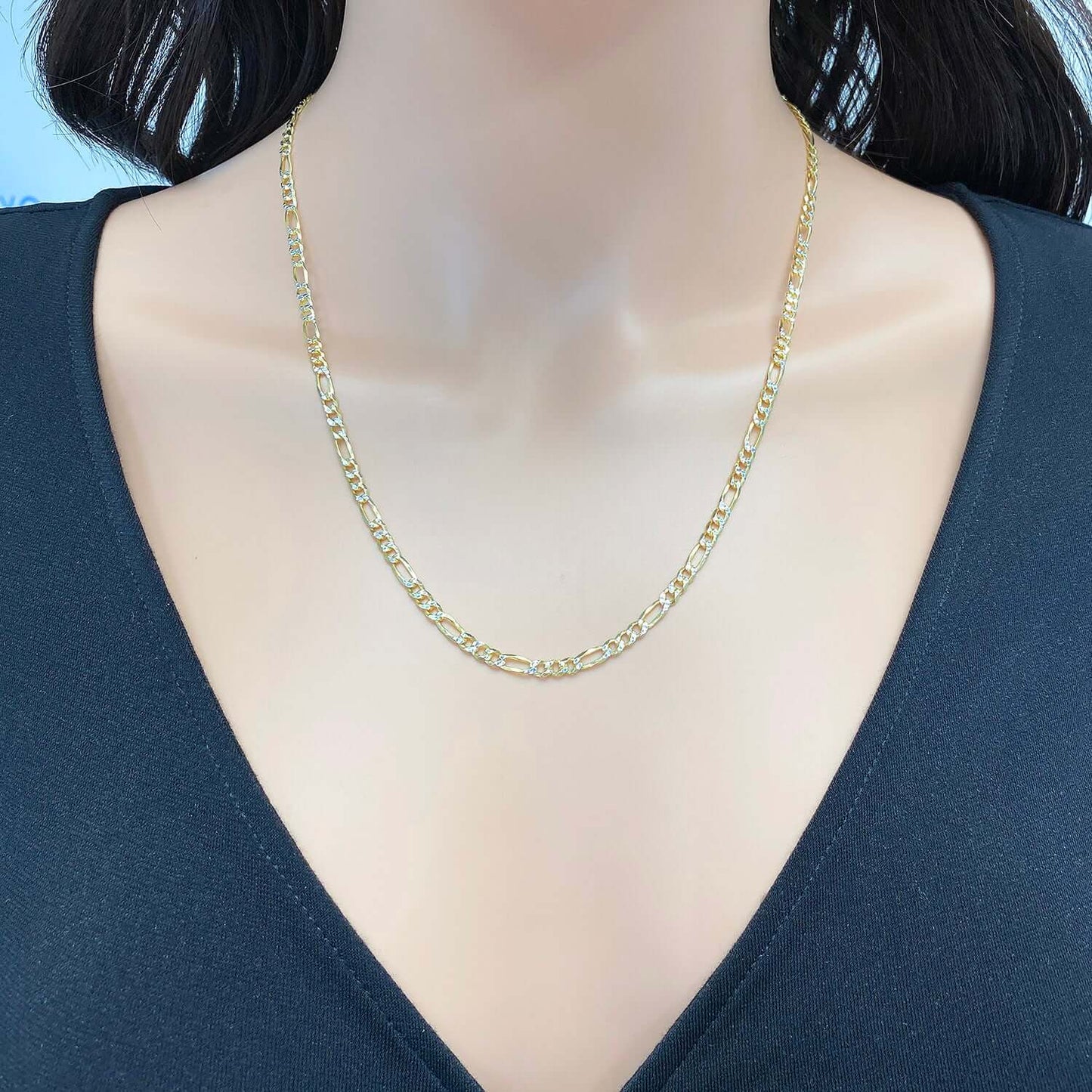Solid 18K Gold Over Silver 3.5mm Diamond-Cut Pave Figaro Chain Necklace 16"-30"