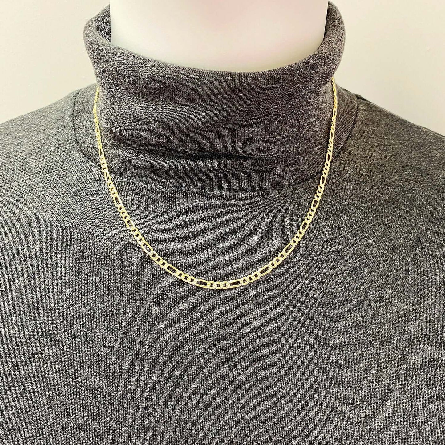 Solid 18K Gold Over Silver 3.5mm Diamond-Cut Pave Figaro Chain Necklace 16"-30"