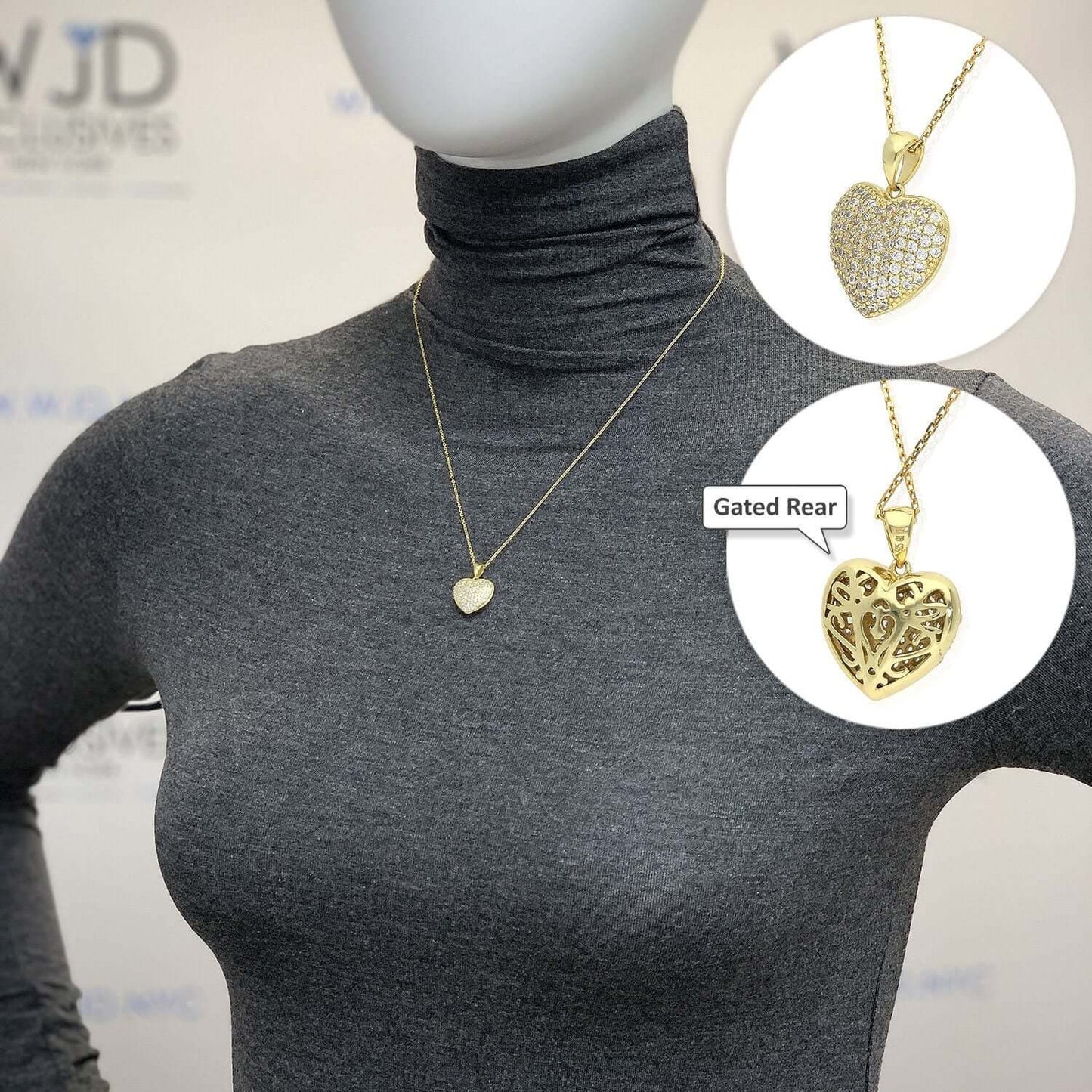1Ct CZ Puffed Heart Pendant Necklace 18" Yellow Gold Tone Silver