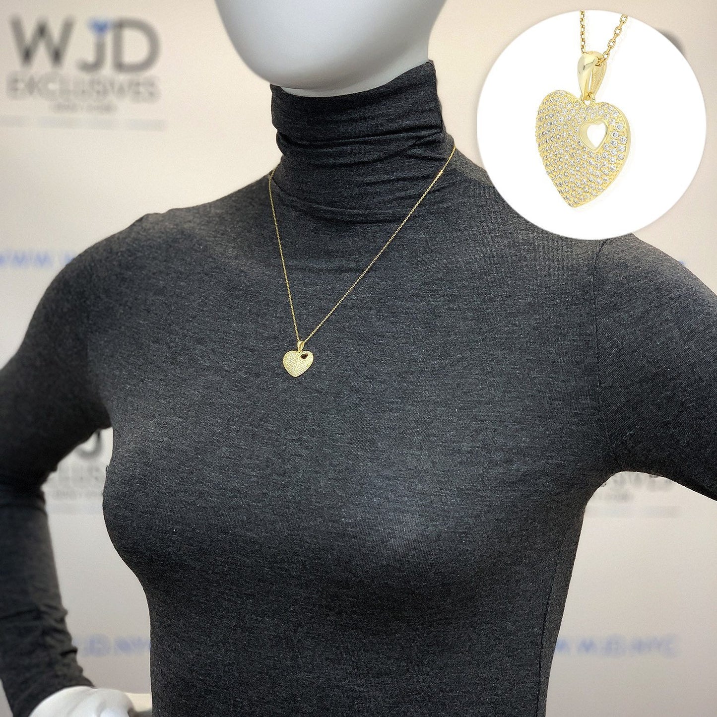 1Ct Created White Sapphire Puffed Heart Pendant Necklace 18"- Gold Tone Silver