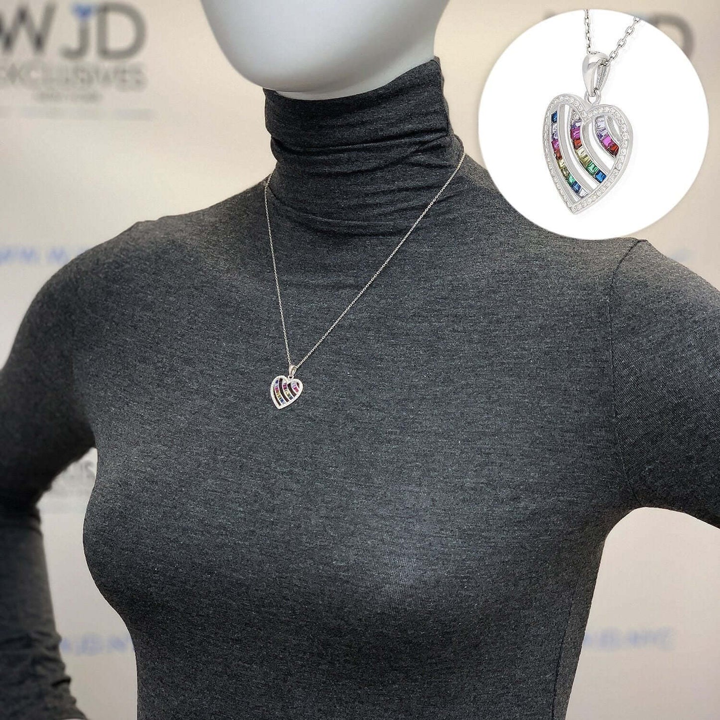 Sterling Silver Rainbow MultiColor Baguette Invisible CZ Heart Pendant Necklace 18"