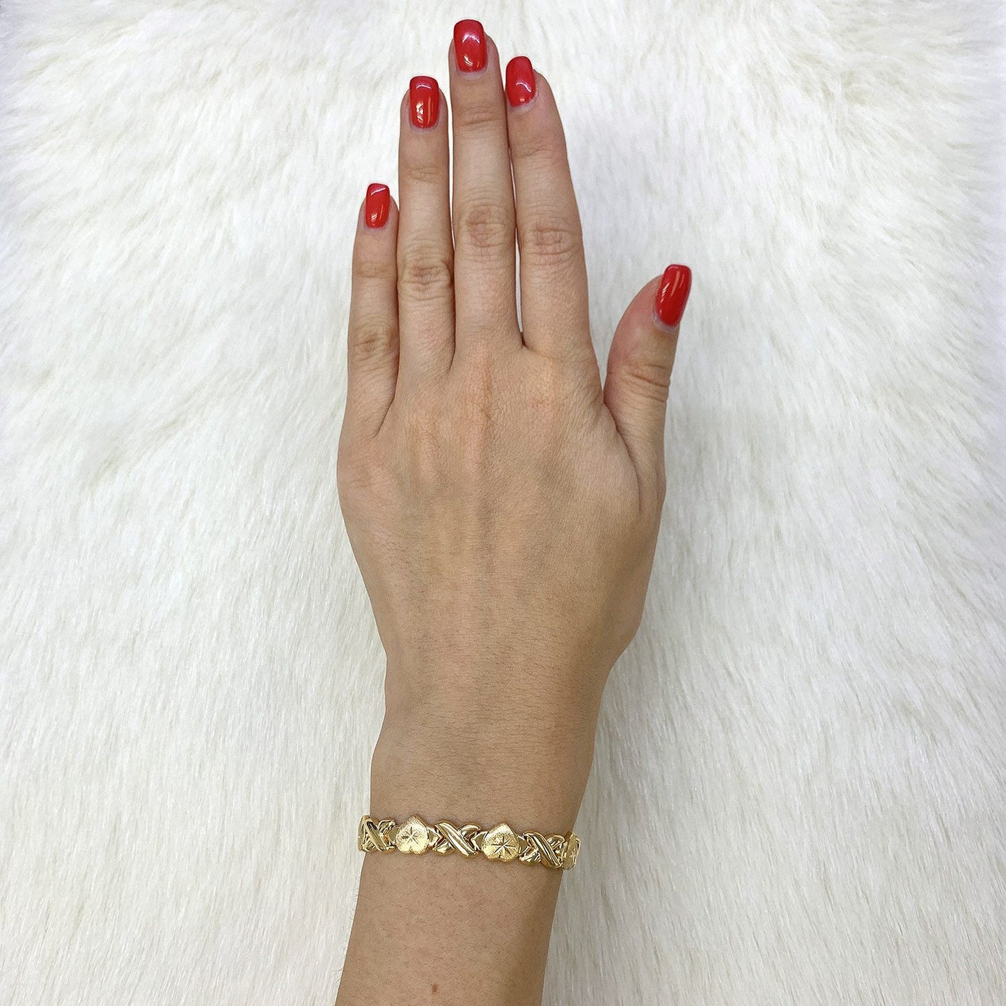 14K Yellow Gold Over Sterling Silver Heart & Kisses XO Bracelet 7.5"