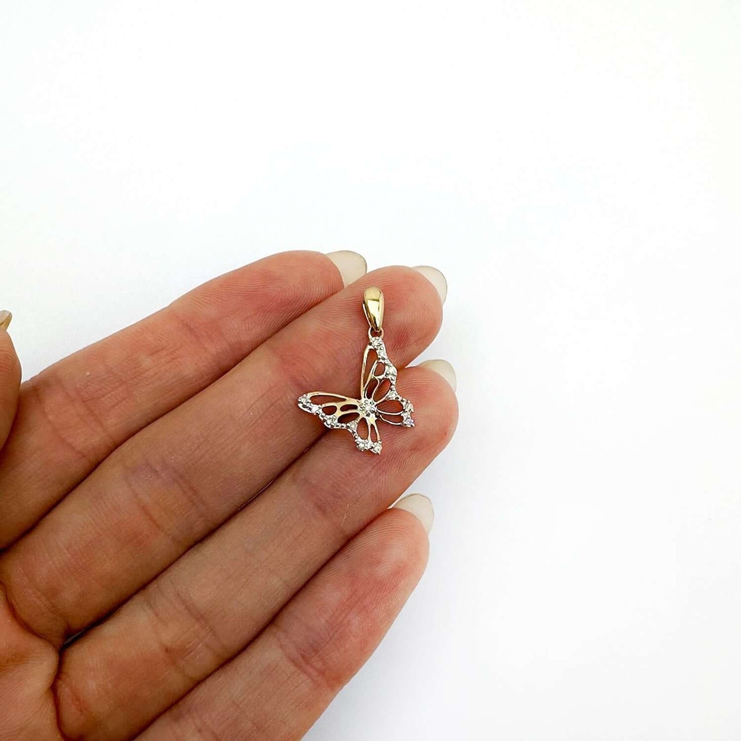 0.05CTW Natural Diamond 10K Gold Yellow White Butterfly Pendant 0.9"