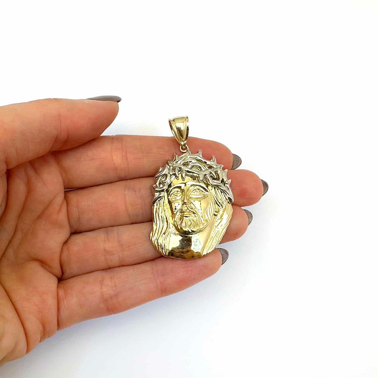 10K Yellow Gold Jesus Face Head Religious Charm Pendant 1.9"