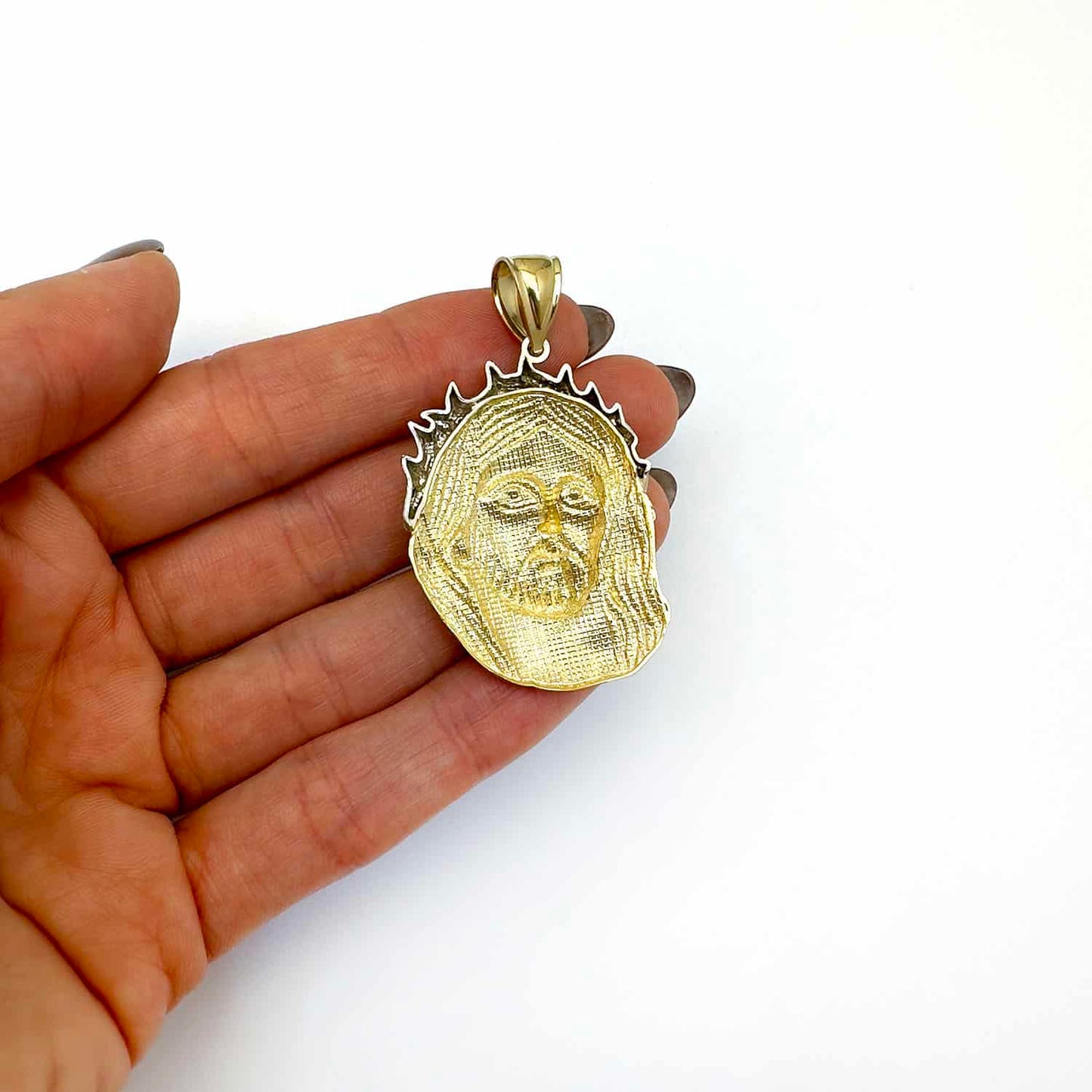 10K Yellow Gold Jesus Face Head Religious Charm Pendant 1.9"