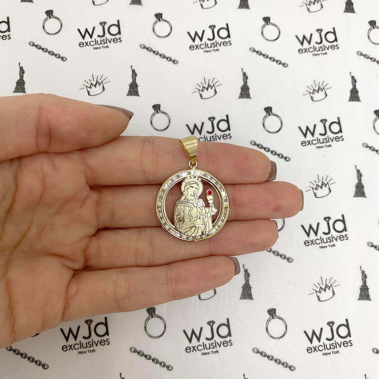 10K Yellow Gold CZ And Ruby Religious Santa Barbara Round Pendant