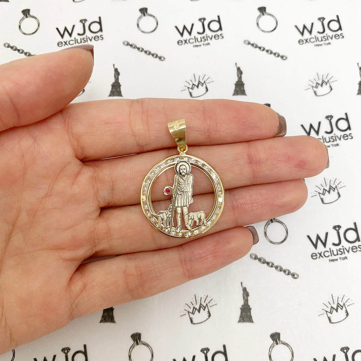 10K Yellow Gold CZ And Ruby Saint Lazare Round Medallion Pendant