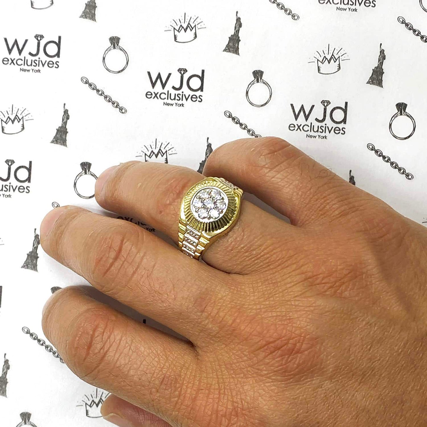 10K Yellow White Gold Jubilee 2CT. TW CZ Cluster Signet Ring
