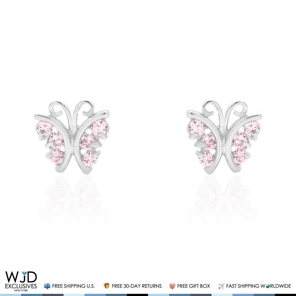 Pink Tourmaline Butterfly Baby Screw Back Stud Kid Earrings 14K Solid White Gold