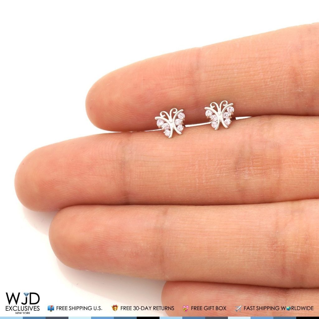 Pink Tourmaline Butterfly Baby Screw Back Stud Kid Earrings 14K Solid White Gold