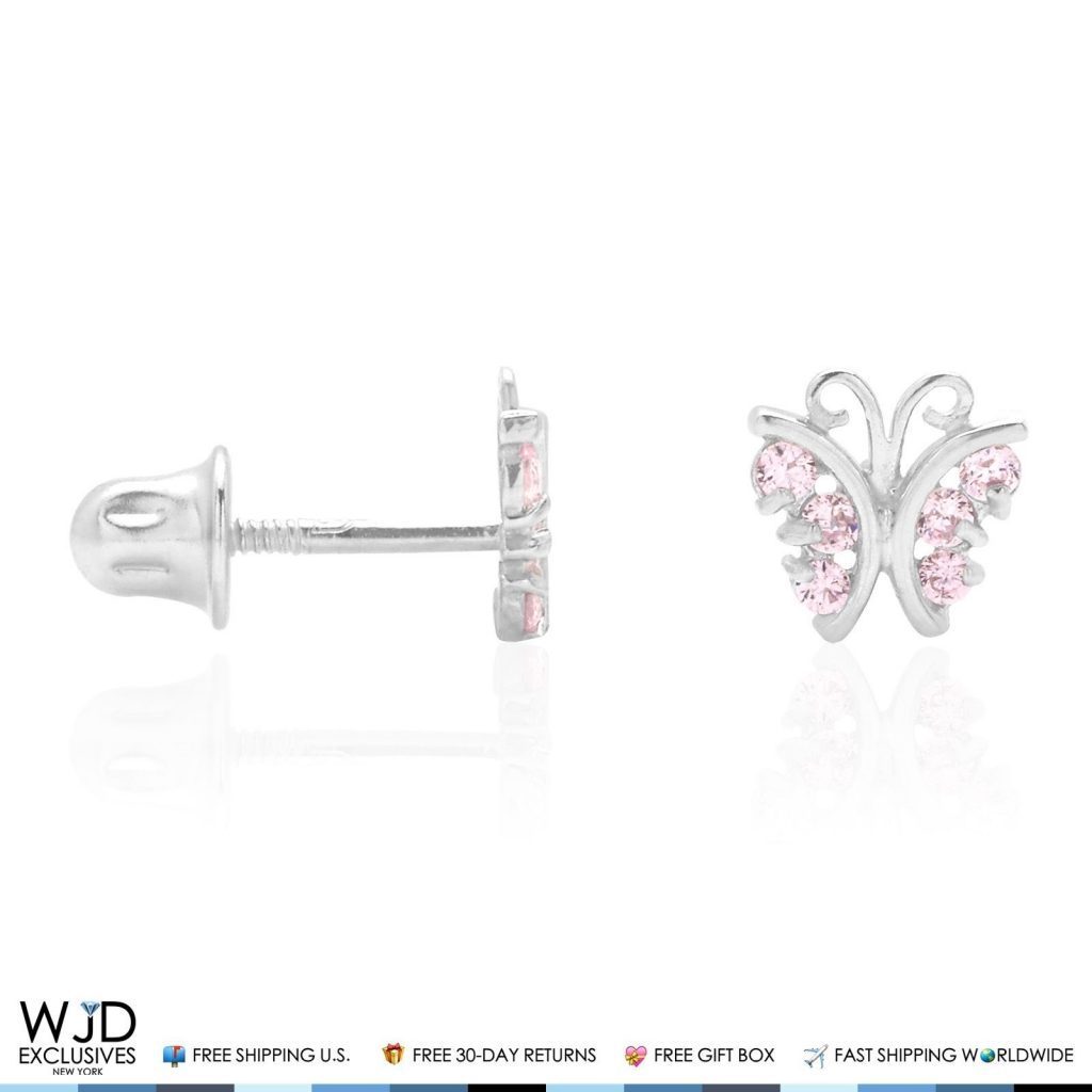 Pink Tourmaline Butterfly Baby Screw Back Stud Kid Earrings 14K Solid White Gold