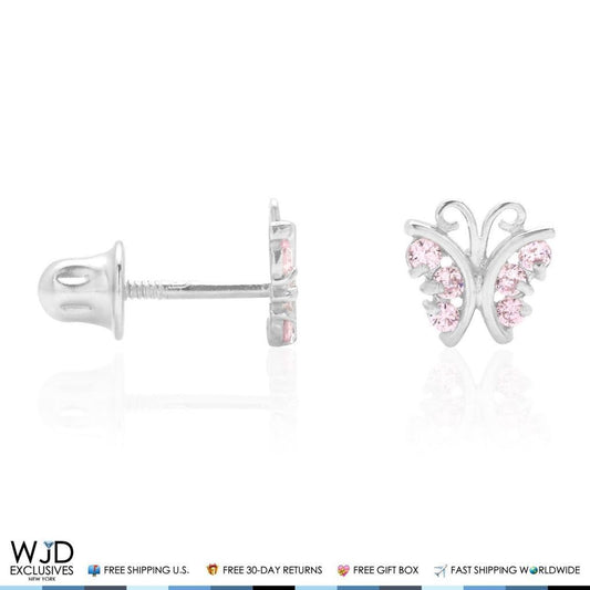 Pink Tourmaline Butterfly Baby Screw Back Stud Kid Earrings 14K White Gold